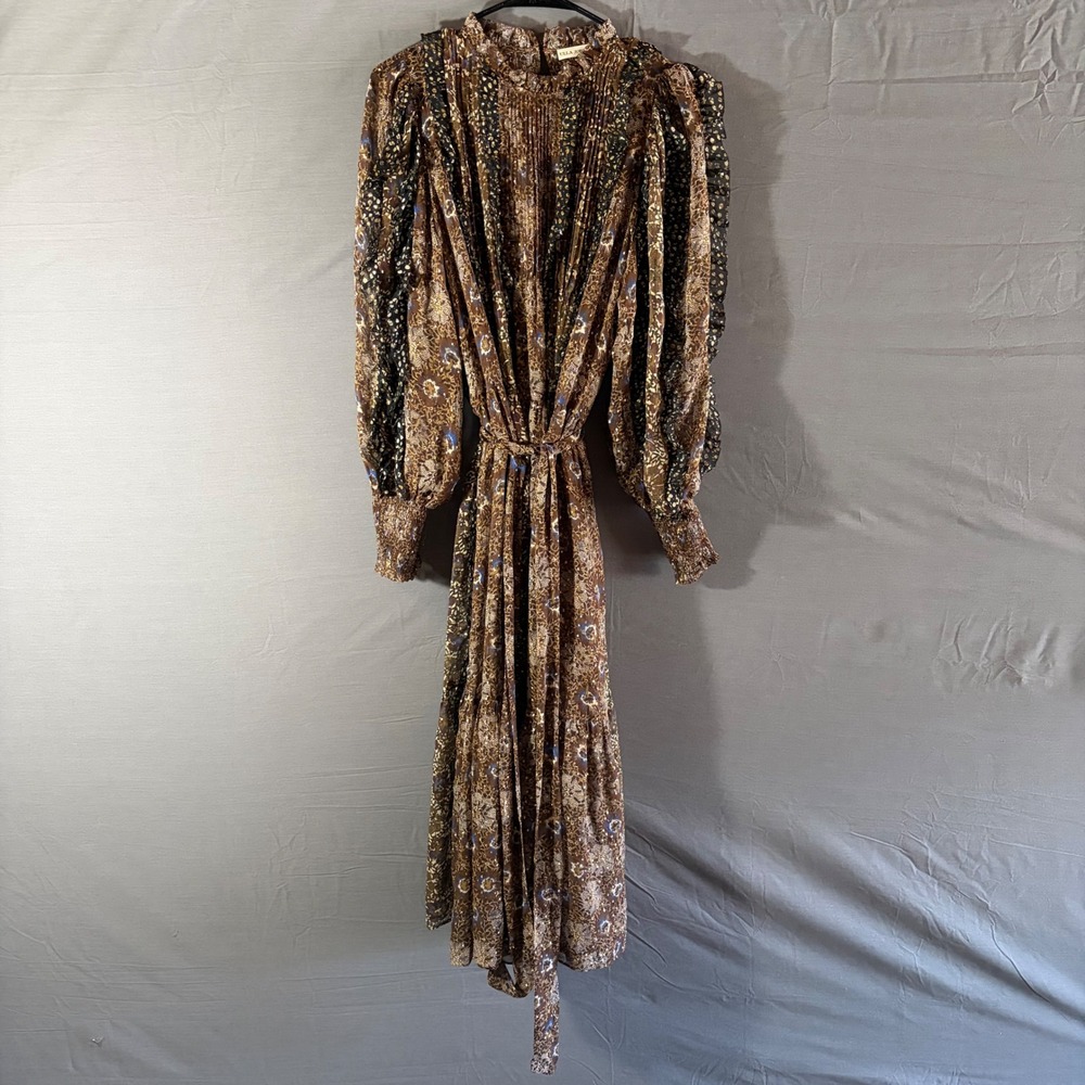 Ulla Johnson Silk Lurex Mixed Print Midi Dress Brown Gold Metallic Size 10 Boho